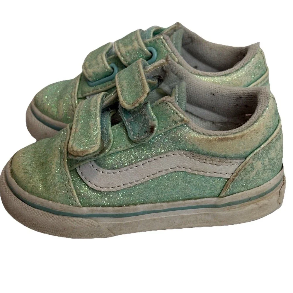 Vans Old‎ Skool V Blue Green Glitter Skate Shoe Toddler Size 5 - Play Condition